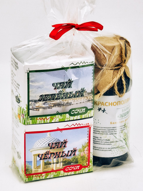 Набор Сочи чай черный р/с 35гр + чай зеленый р/с 40гр и бальзам Краснополянские травы Набор Сочи чай черный р/с 35гр + чай зеленый р/с 40гр и бальзам Краснополянские травы