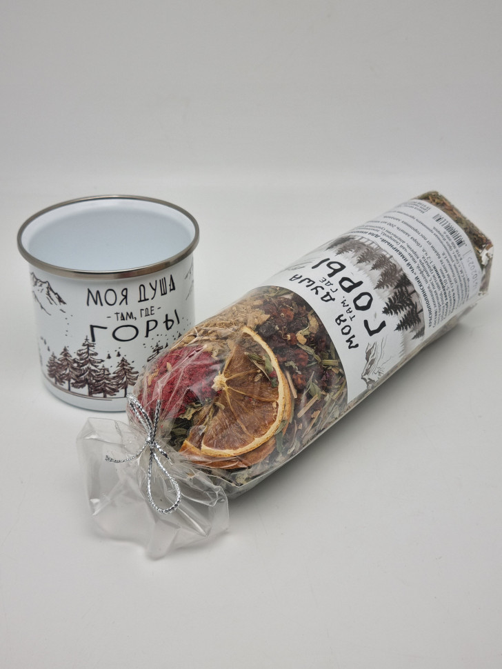 Краснополянский чай "Имбирный" для иммунитета 100гр в эмалированной кружке "Моя душа, там где горы"