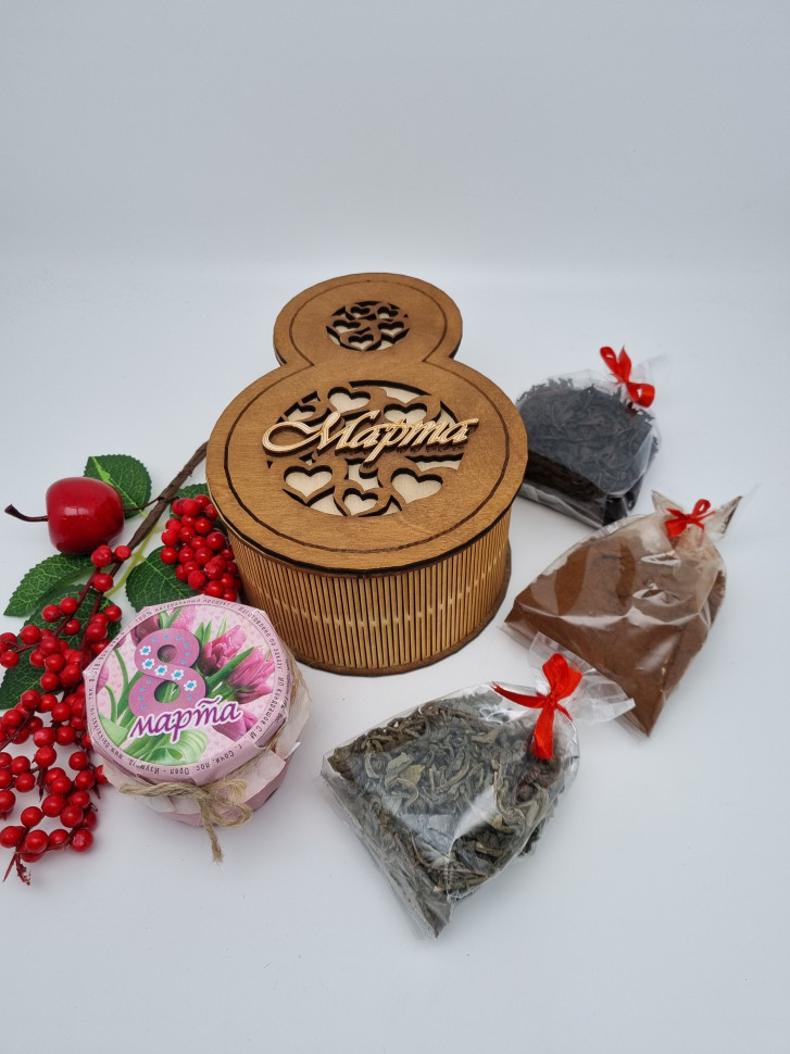 Подарочный набор с 8 марта Матрешка чай черый 25гр, зеленый 30гр, кофе 40гр, мед микс с малиной 170г