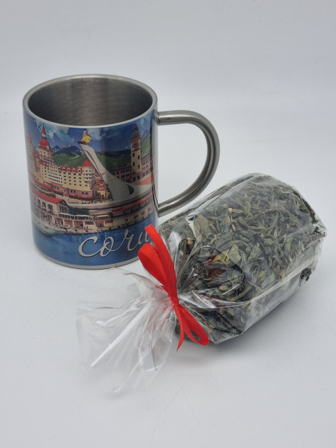 Кружка из нержавейки "Вокзал" с зеленым чаем р/c