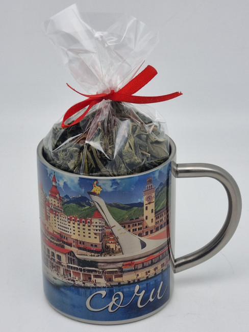 Кружка из нержавейки "Вокзал" с зеленым чаем р/c