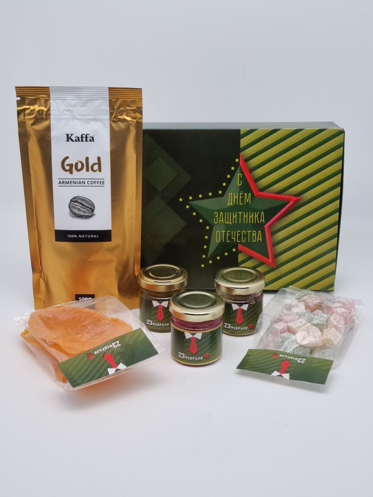 Подарочный набор с 23 февраля кофе арабика 100гр, мёд 50гр, конфитюр 50гр, манго 100гр, лукум 100гр