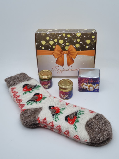 Набор 248 Праздничный носки женские, мед, варенье и чай лучший подарок Набор 248 Праздничный носки женские, мед, варенье и чай лучший подарок