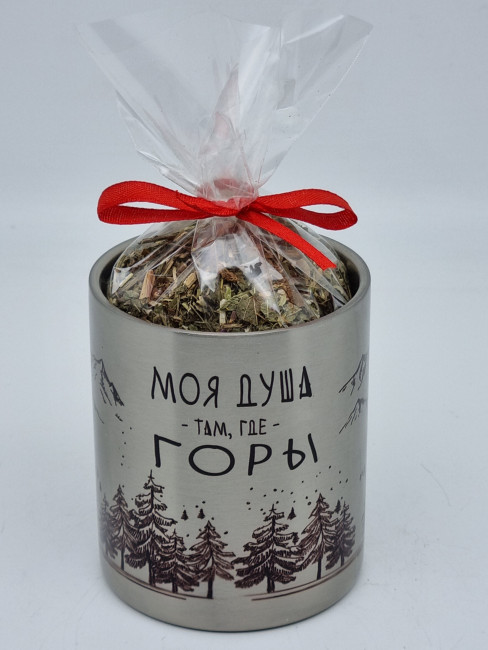 Кружка из нержавейки "Моя душа, там где горы" с Краснополянским чаем