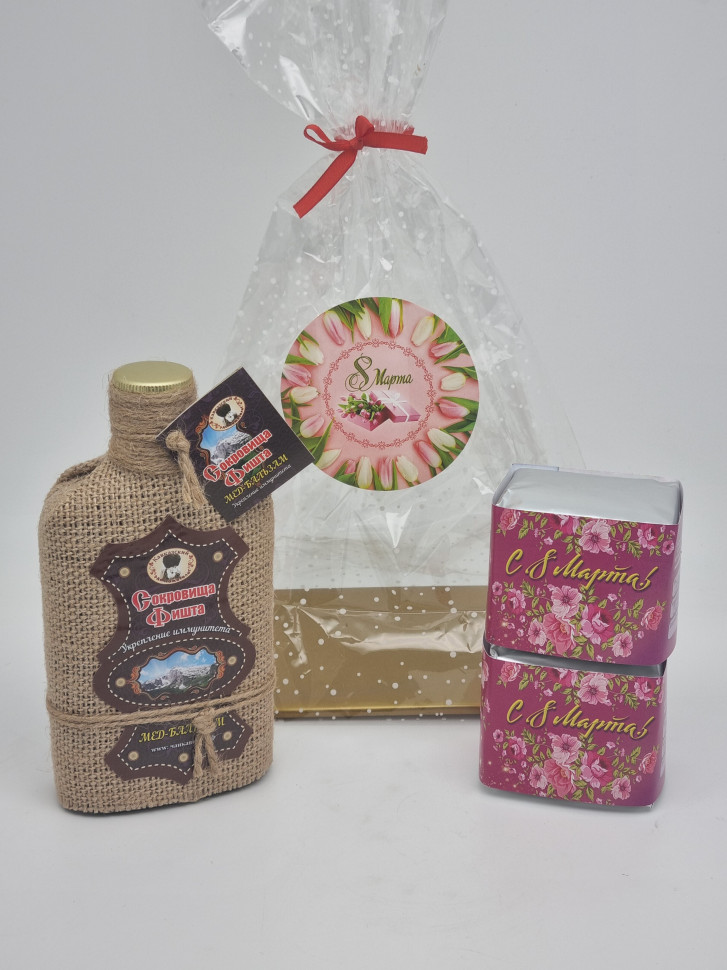 Подарочный набор с 8 марта чай черный, зеленый и бальзам "Фишт" укрепление иммунитета 250мл