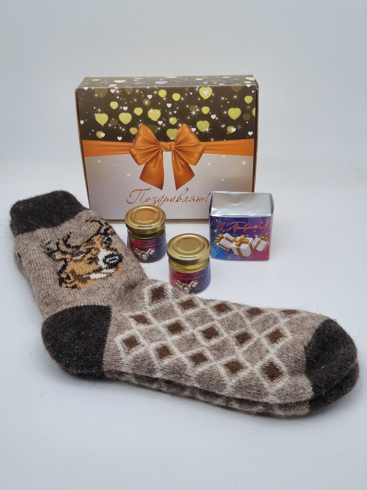 Набор 249 Праздничный носки мужские, мед, варенье и чай лучший подарок