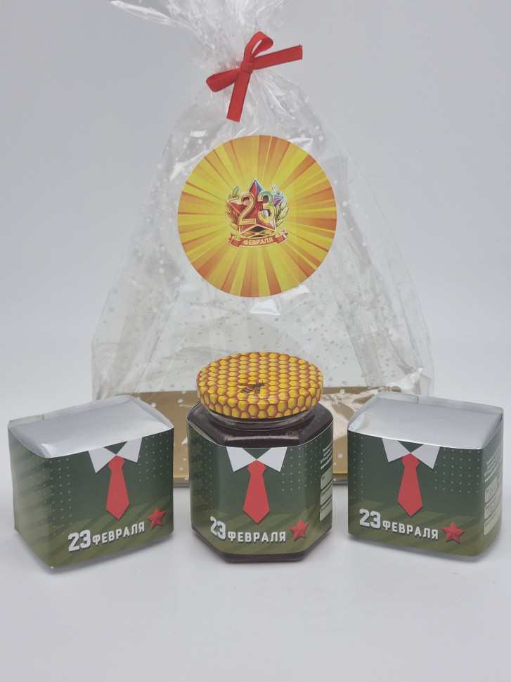 Подарочный набор с 23 февраля чай черный 35гр, зеленый 40гр и мед липовый 250гр