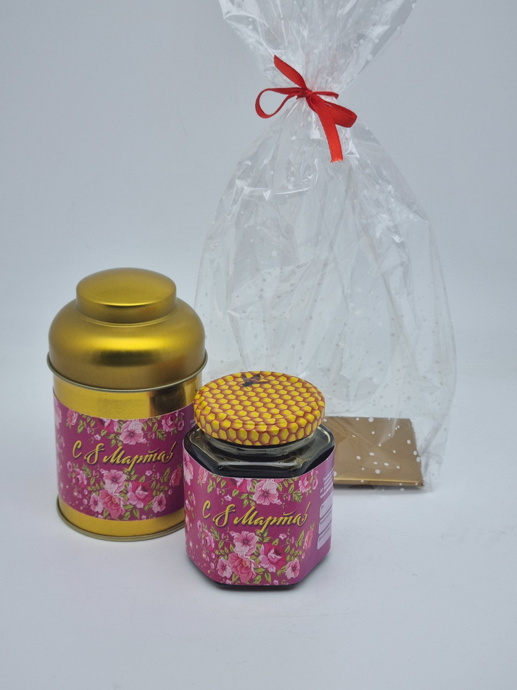 Подарочный набор с 8 марта чай ВИП с липой медовой 100гр и мед каштановый 250гр