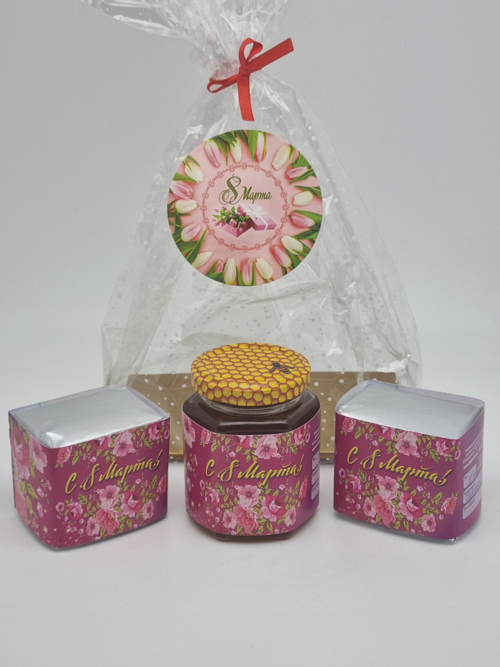 Подарочный набор с 8 марта чай черный 35гр, зеленый 40гр и мед липовый 250гр