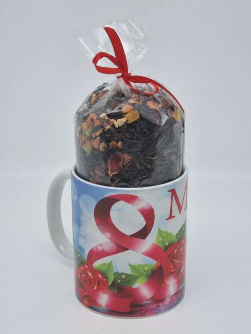 Кружка 250мл с черным фруктовым чаем 60гр с 8 марта Кружка 250мл с черным фруктовым чаем 60гр с 8 марта