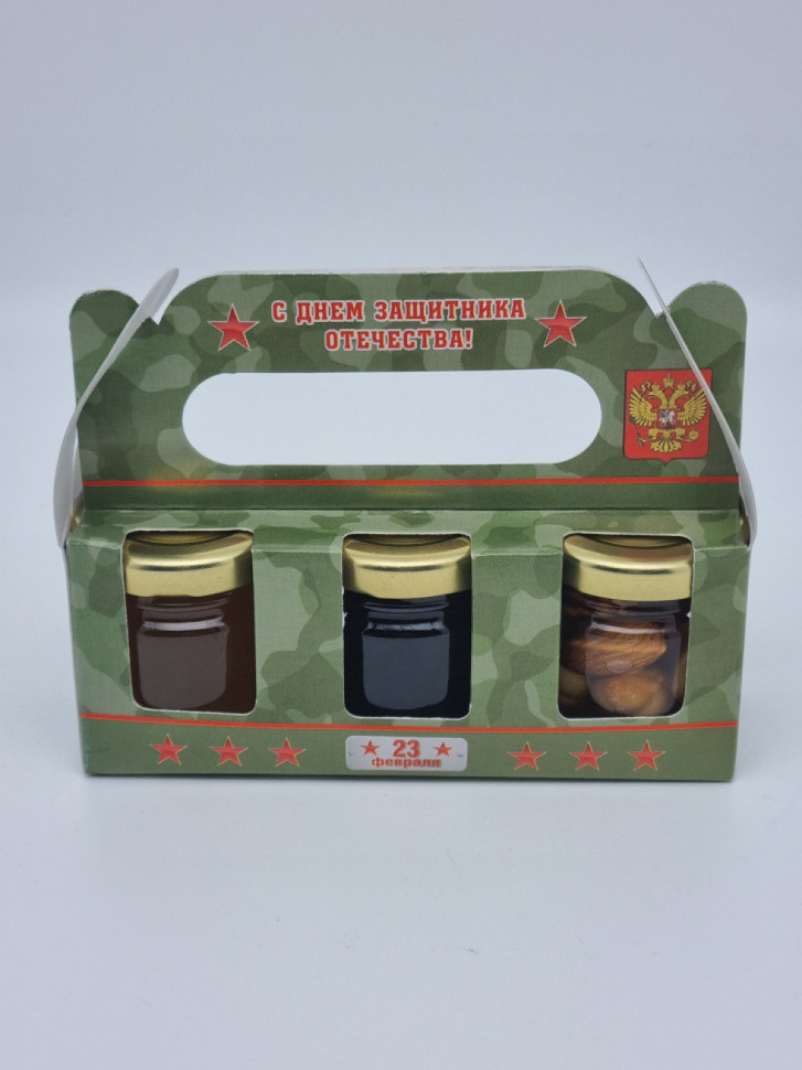 Подарочный набор с 23 февраля  3 меда каштан 50гр, акация 50гр, мед с орехами 50гр