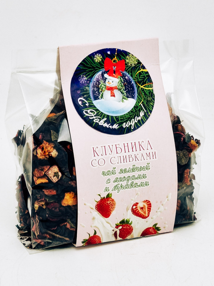 Подарок с новым годом чай зеленый с добавками "Клубника со сливками" 100гр