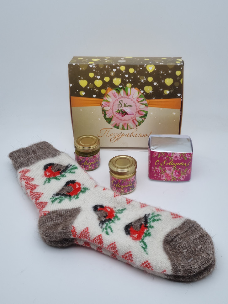 Подарочный набор с 8 марта чай, мед, варенье и носки женские