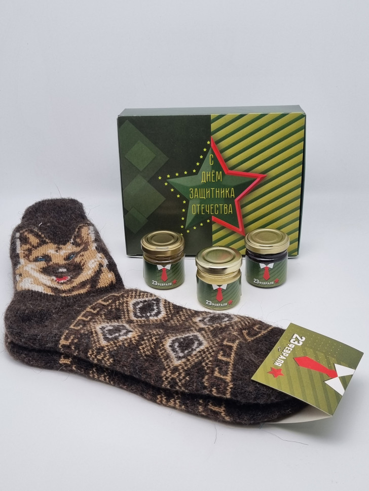 Подарочный набор с 23 февраля носки мужские, мед 100гр, варенье 50гр №67