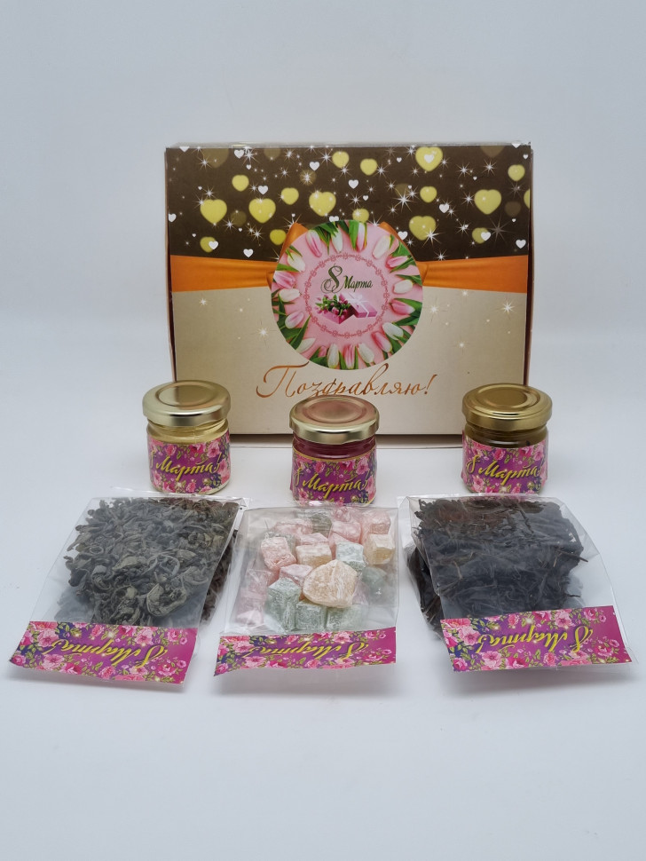 Подарочный набор с 8 марта чай, мед, варенье, сладости 305гр