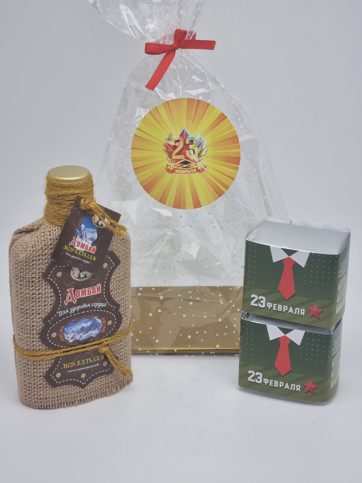 Подарочный набор с 23 февраля чай черный 35гр, зеленый 40гр и бальзам для здоровья сердца 250мл