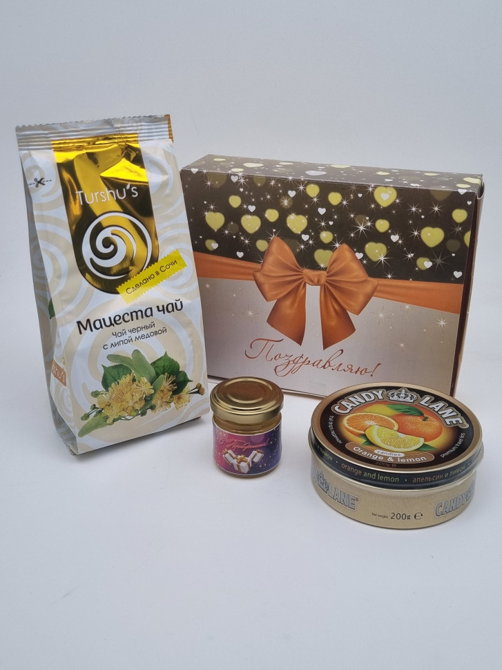 Набор 563 Праздничный леденцы, мед и чай лучший подарок