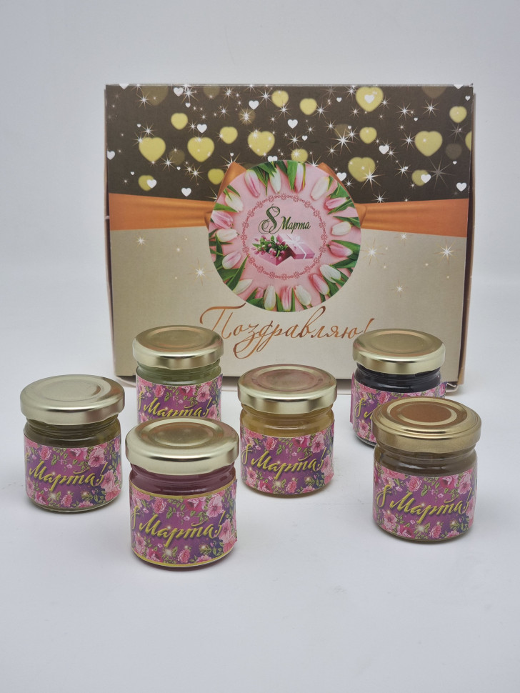 Подарочный набор с 8 марта 3 вида мёд микса и 3 вида варенья 300гр