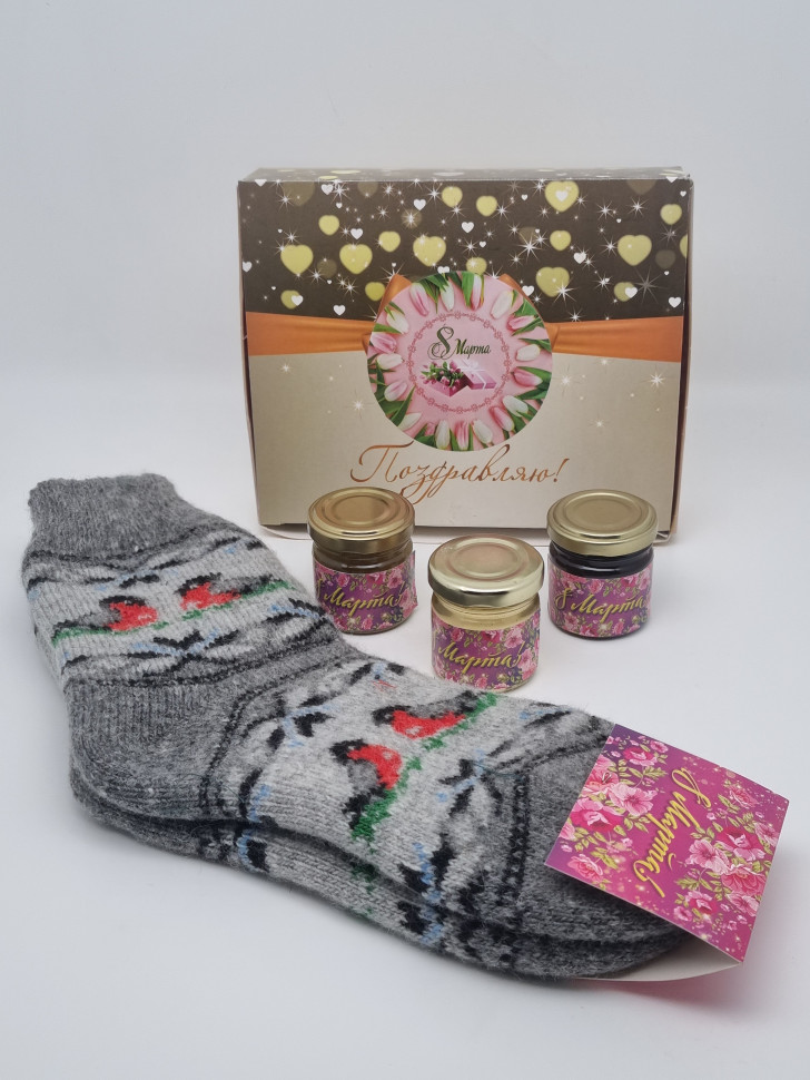 Подарочный набор с 8 марта носки женские, мед 100гр, варенье 50гр