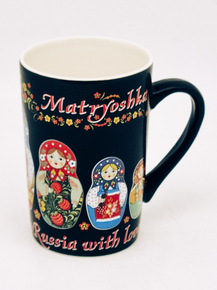 Кружка фарфор матов "Матрешка" цветн рисунок черная