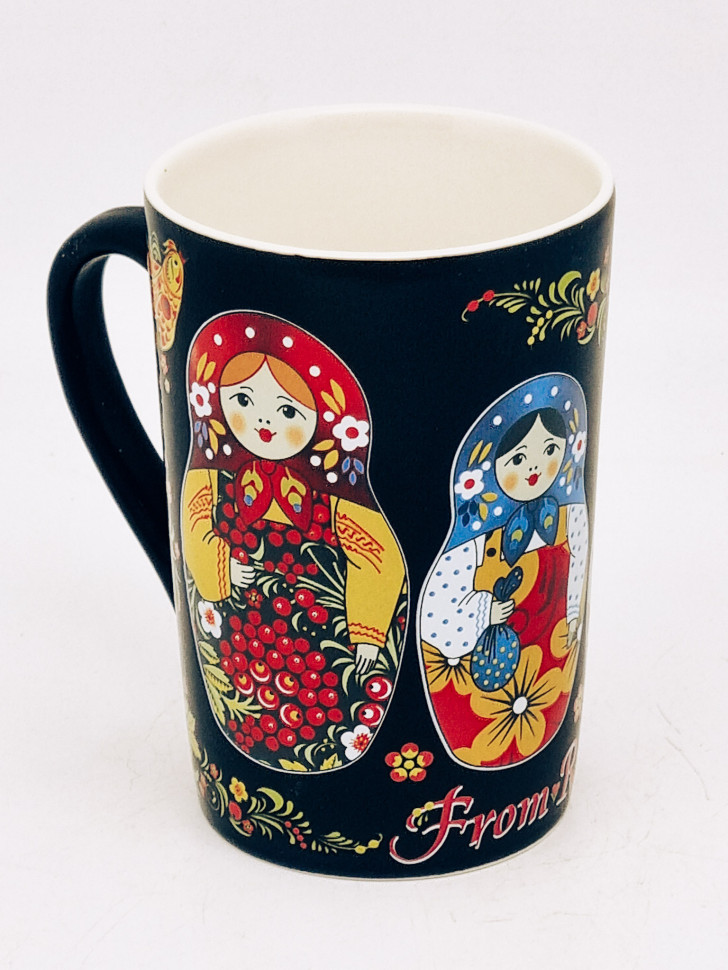 Кружка фарфор матов "Матрешка" цветн рисунок черная