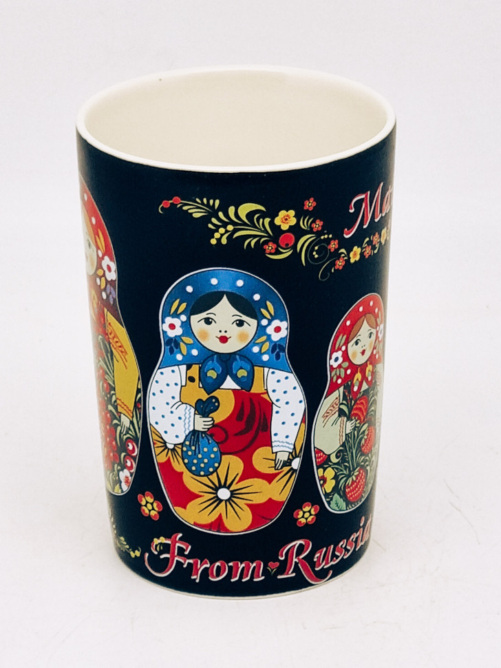Кружка фарфор матов "Матрешка" цветн рисунок черная