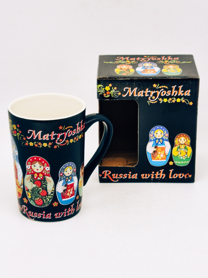 Кружка фарфор матов "Матрешка" цветн рисунок черная