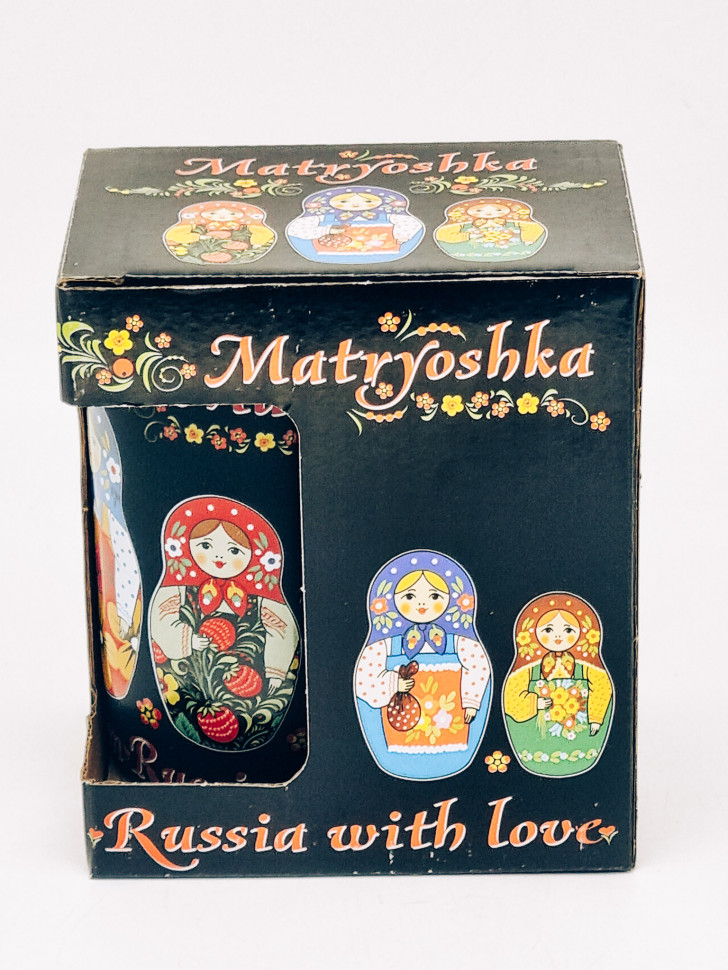 Кружка фарфор матов "Матрешка" цветн рисунок черная