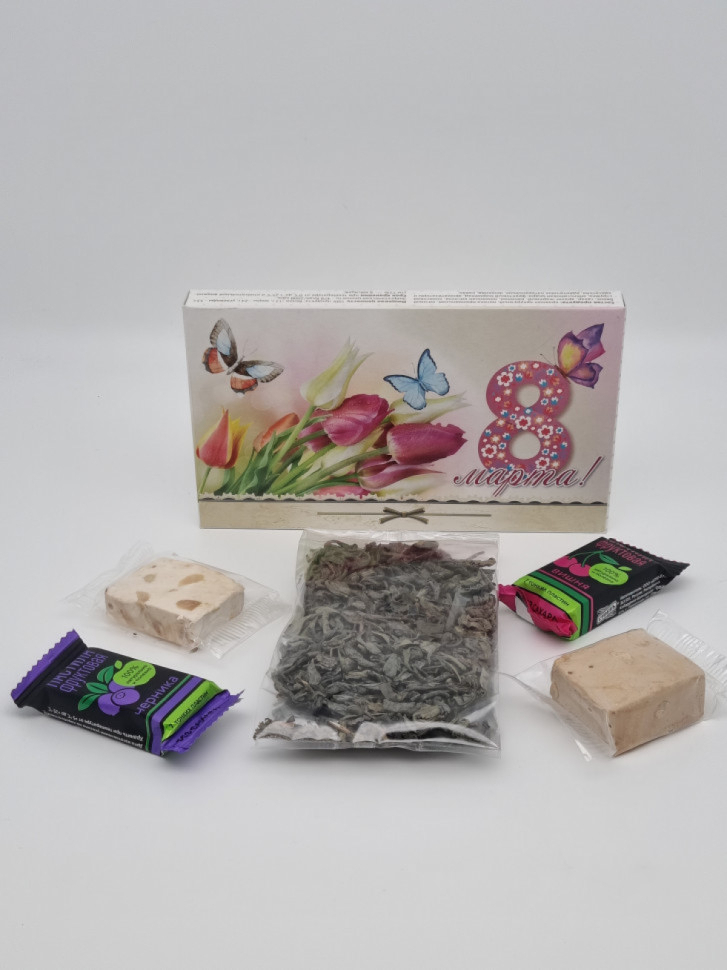 Набор Праздничный зеленый чай, нуга и пастила с 8 марта