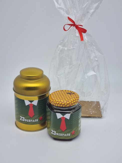 Набор 190 Праздничный чай ВИП и мед каштановый с 23 февраля