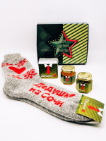 Подарочный набор с 23 февраля для дедушки  носки мужские , мед 50гр, варенье 50гр и черный чай 35гр