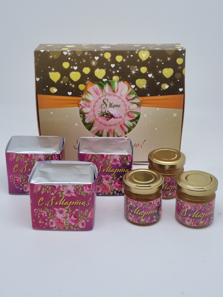 Подарочный набор с 8 марта 3 вида чая и 3 вида меда