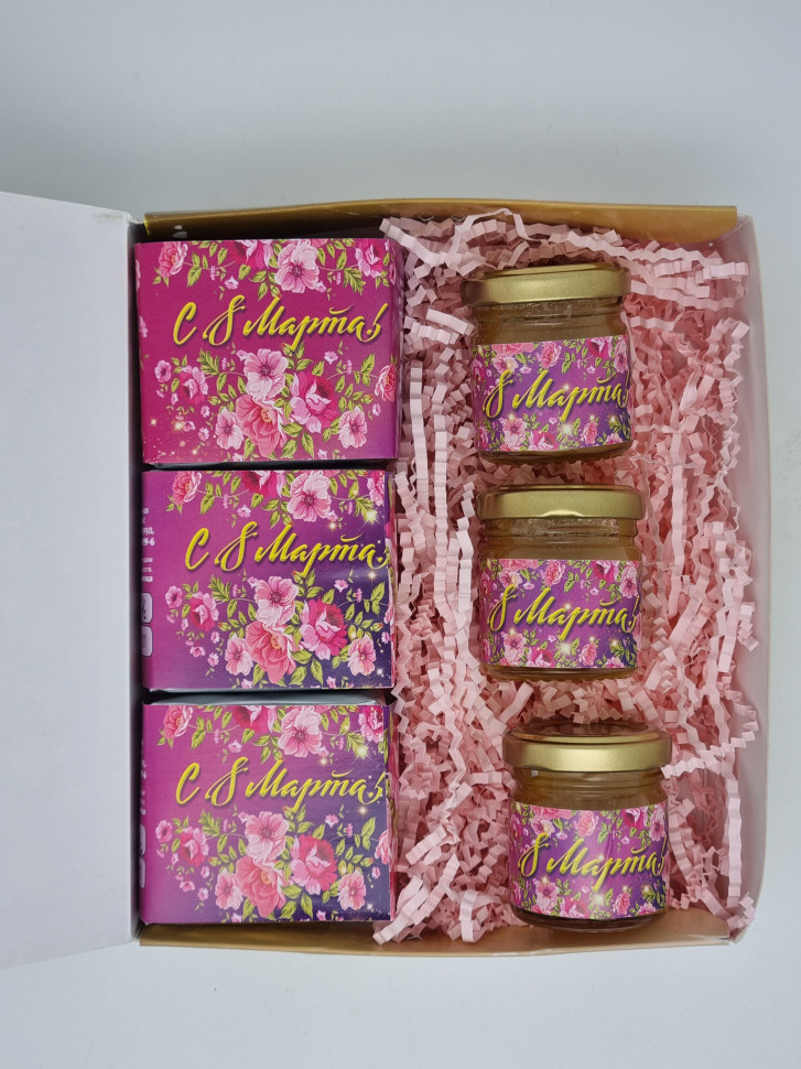 Подарочный набор с 8 марта 3 вида чая и 3 вида меда