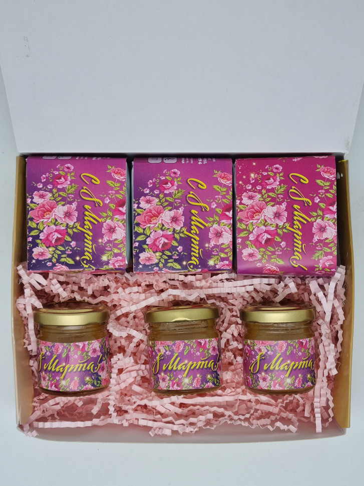 Подарочный набор с 8 марта 3 вида чая и 3 вида меда