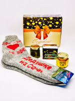 Подарочный набор для дедушки носки мужские , мед 50гр, варенье 50гр и черный чай 35гр