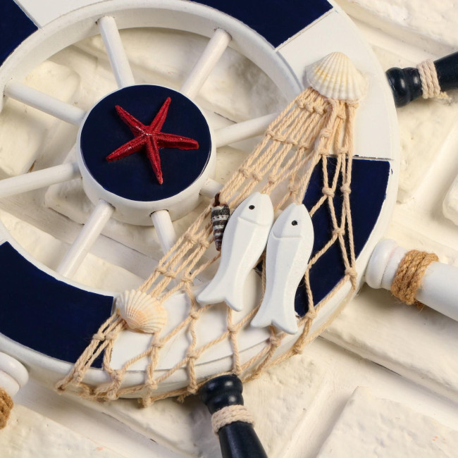 Декор настенный, панно "Штурвал с морской звездой" бело-синий Декор настенный, панно "Штурвал с морской звездой" бело-синий