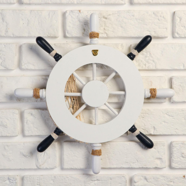Декор настенный, панно "Штурвал с морской звездой" бело-синий Декор настенный, панно "Штурвал с морской звездой" бело-синий