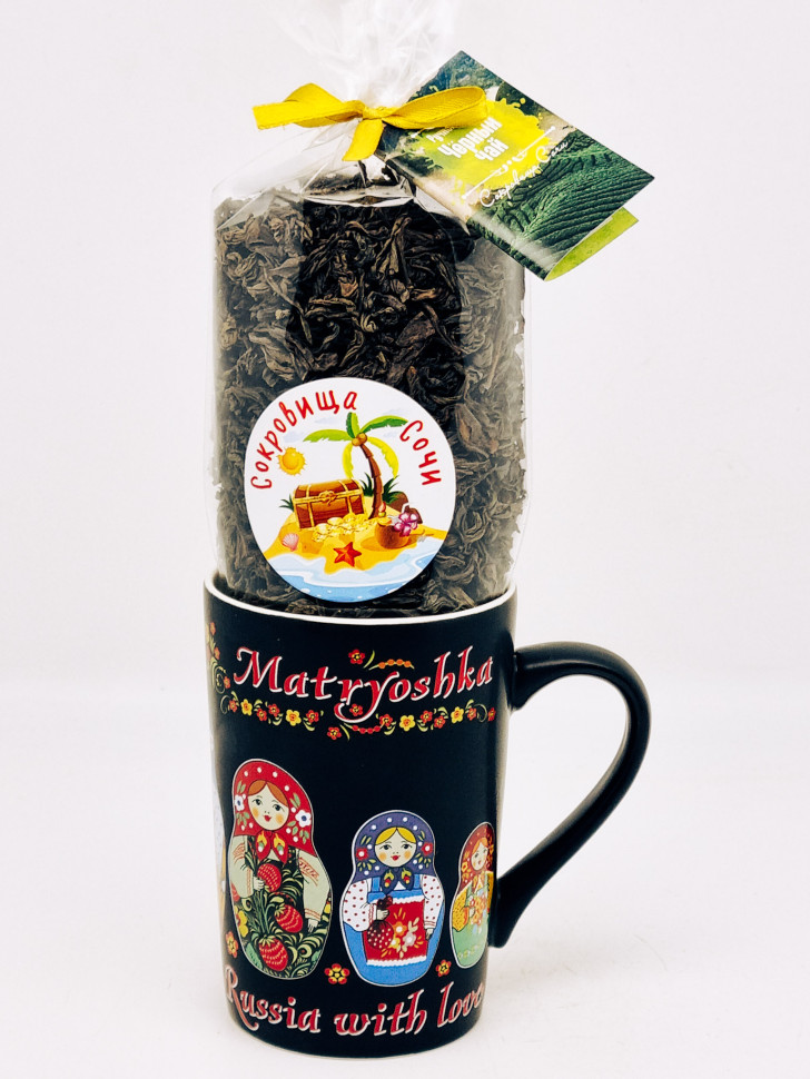 Черный чай ручной сбор в кружке фарфор матовой "Матрешка" черная