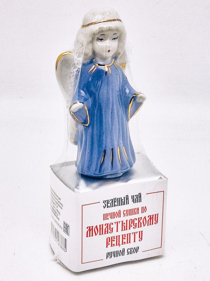 Зеленый чай печной сушки монастырский травник 40гр с сувениром ангел синий коллекционный фарфор