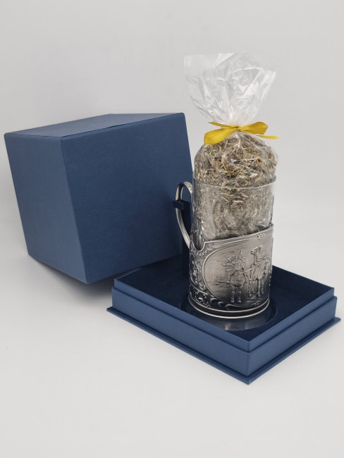 Подстаканник "Три богатыря" стакан хрусталь с краснополянским чаем в футляре