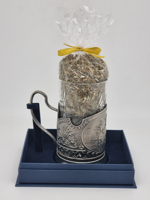 Подстаканник "Три богатыря" стакан хрусталь с краснополянским чаем в футляре