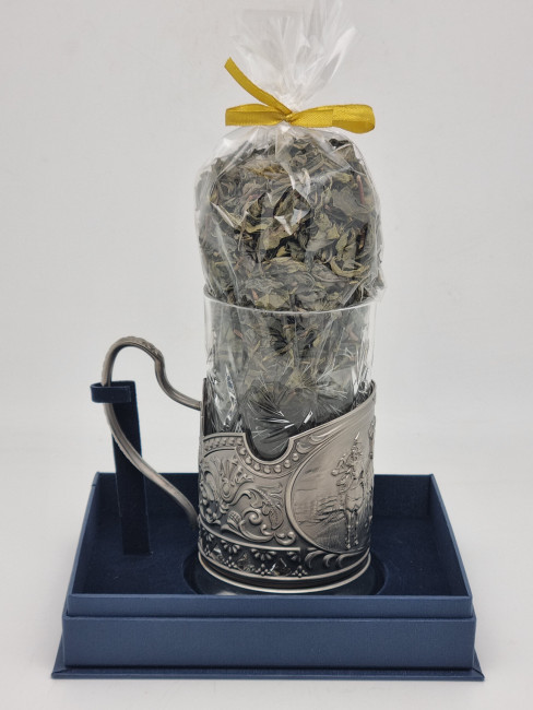 Подстаканник "Три богатыря" стакан хрусталь с зеленым чаем в футляре