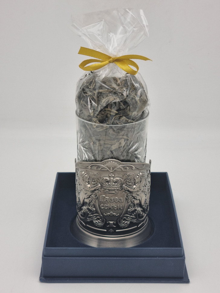 Подстаканник "Глава семьи" стакан хрусталь с зеленым чаем в футляре