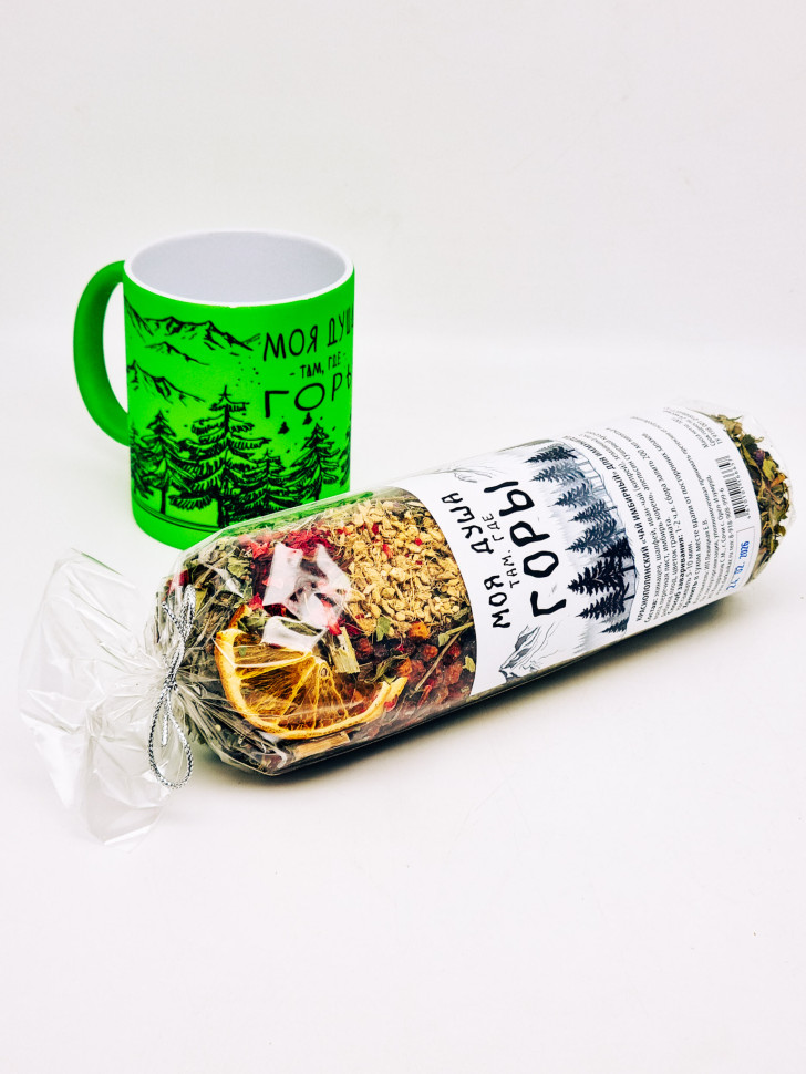 Чай Краснополянский "Имбирный для иммунитета" в кружке неон "Моя душа,там где горы" салатовая 300мл