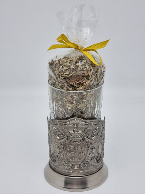 Подстаканник "Глава семьи" стакан хрусталь с Краснополянским чаем