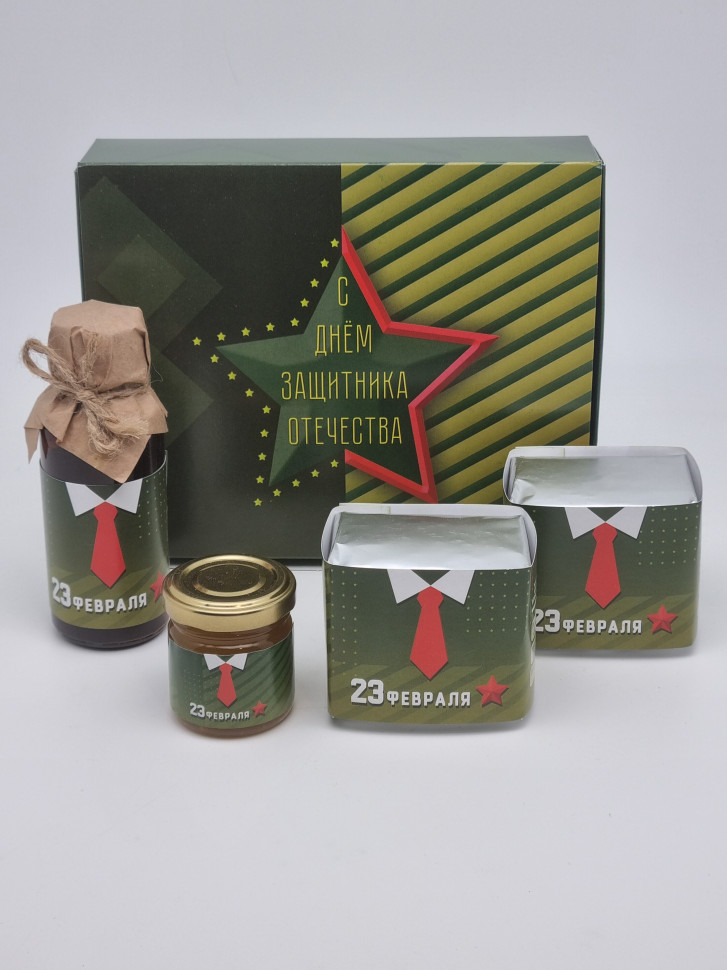 Подарочный набор с 23 февраля чай черный 35гр, зел 40гр, мед горный 50грбальзам для иммунитета 125мл