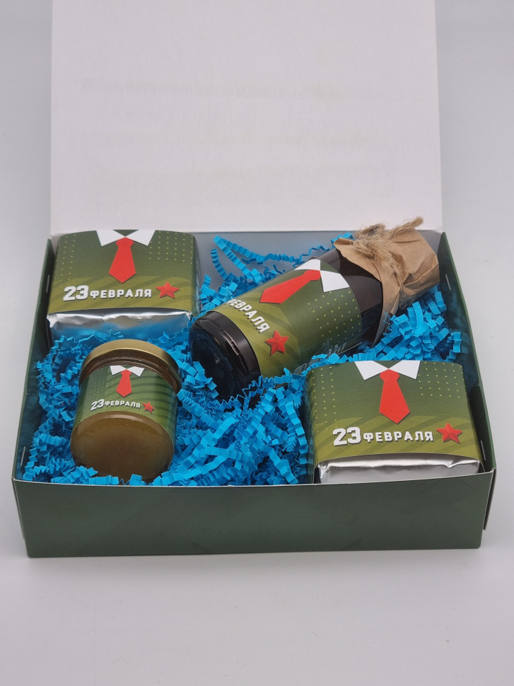 Подарочный набор с 23 февраля чай черный 35гр, зел 40гр, мед горный 50грбальзам для иммунитета 125мл