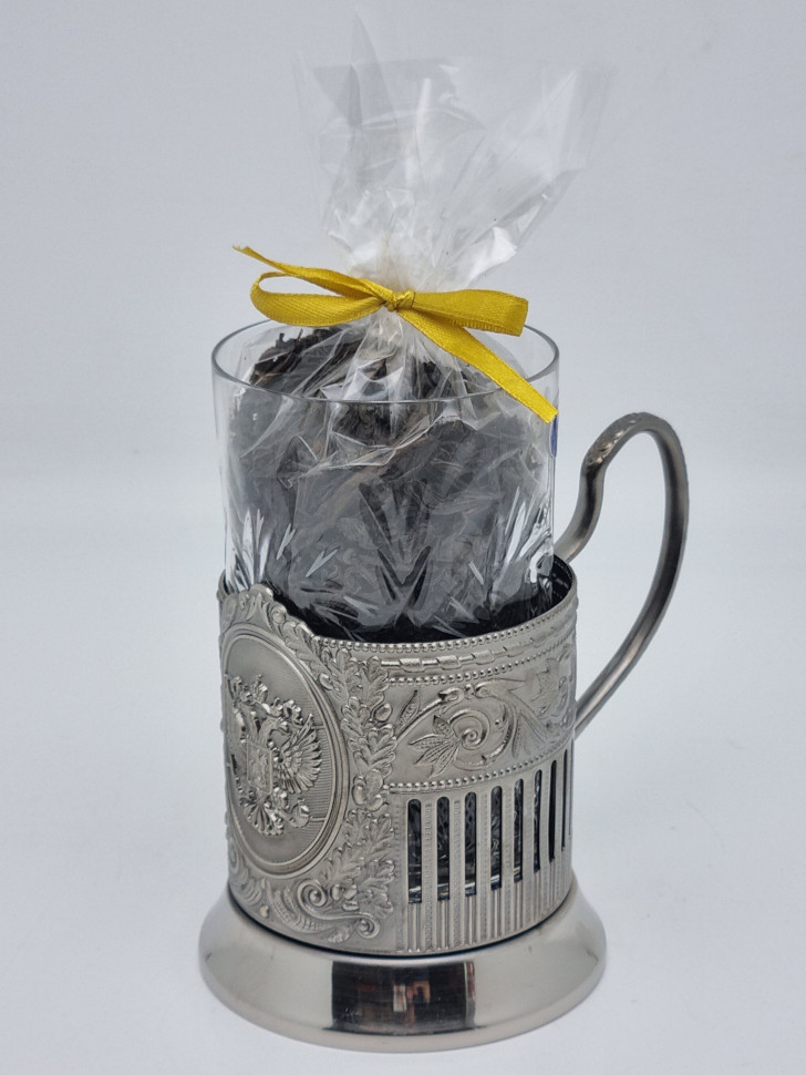 Подстаканник "Герб РФ" стакан хрусталь с черным чаем