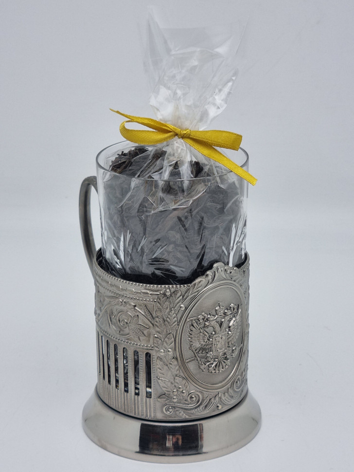 Подстаканник "Герб РФ" стакан хрусталь с черным чаем