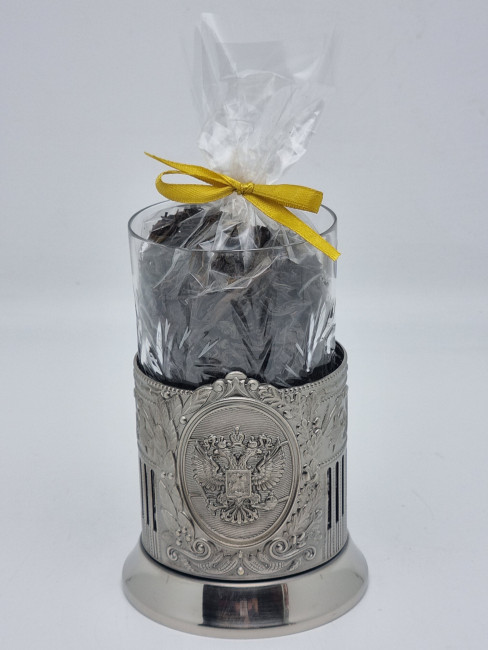 Подстаканник "Герб РФ" стакан хрусталь с черным чаем